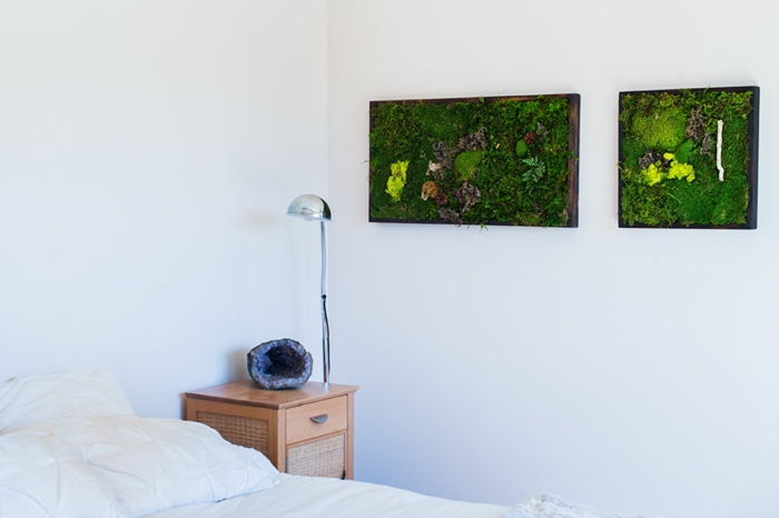 Kad jūsų miegamasis būtų šviežias, ant sienos pakabinkite samaninius paveikslus
