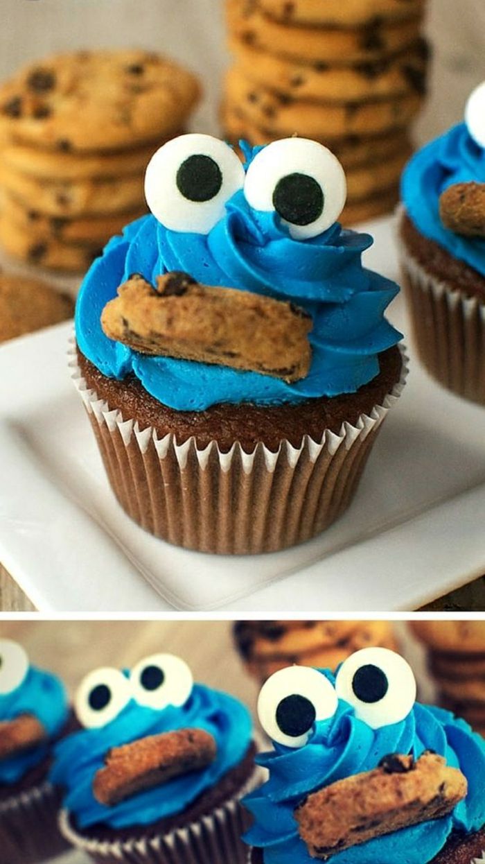 Muffin okrašena kot biscuit pošast iz smetane in fondant oči