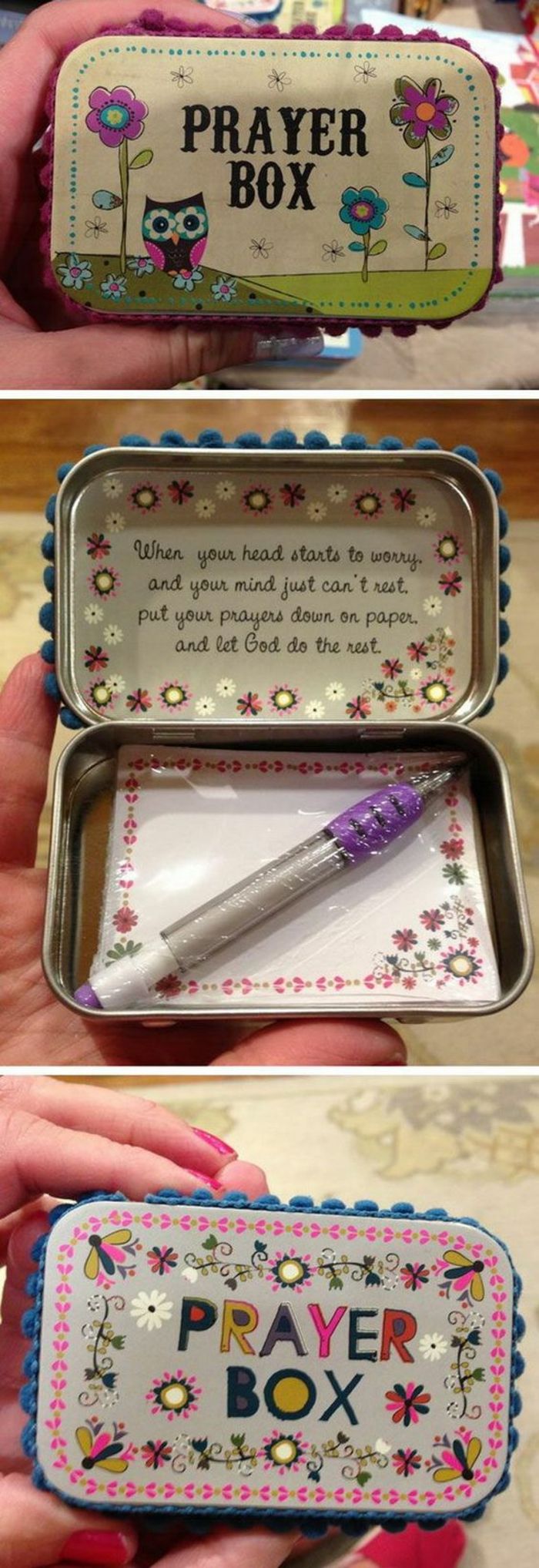 vakkert dekorerte boks med små stykker papir og penn - gave til morsdag