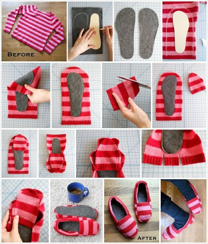 Sy slippers av en rød stripet genser i noen trinn