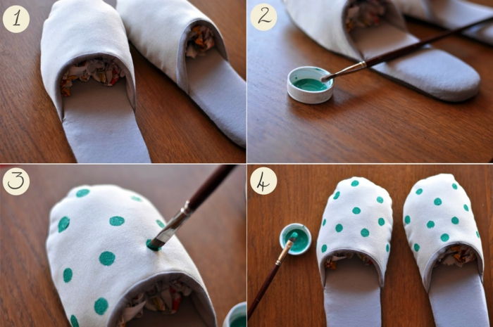 Lag tøfler - maling som prikker med pensel i grønn farge