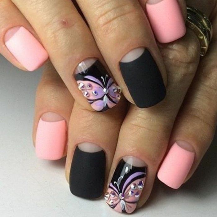 Nails branco-moderno ouro-e-fino Manicure Prego projeto-with-borboletas-e-pedras-preto-fosco cor-de-rosa-roxo