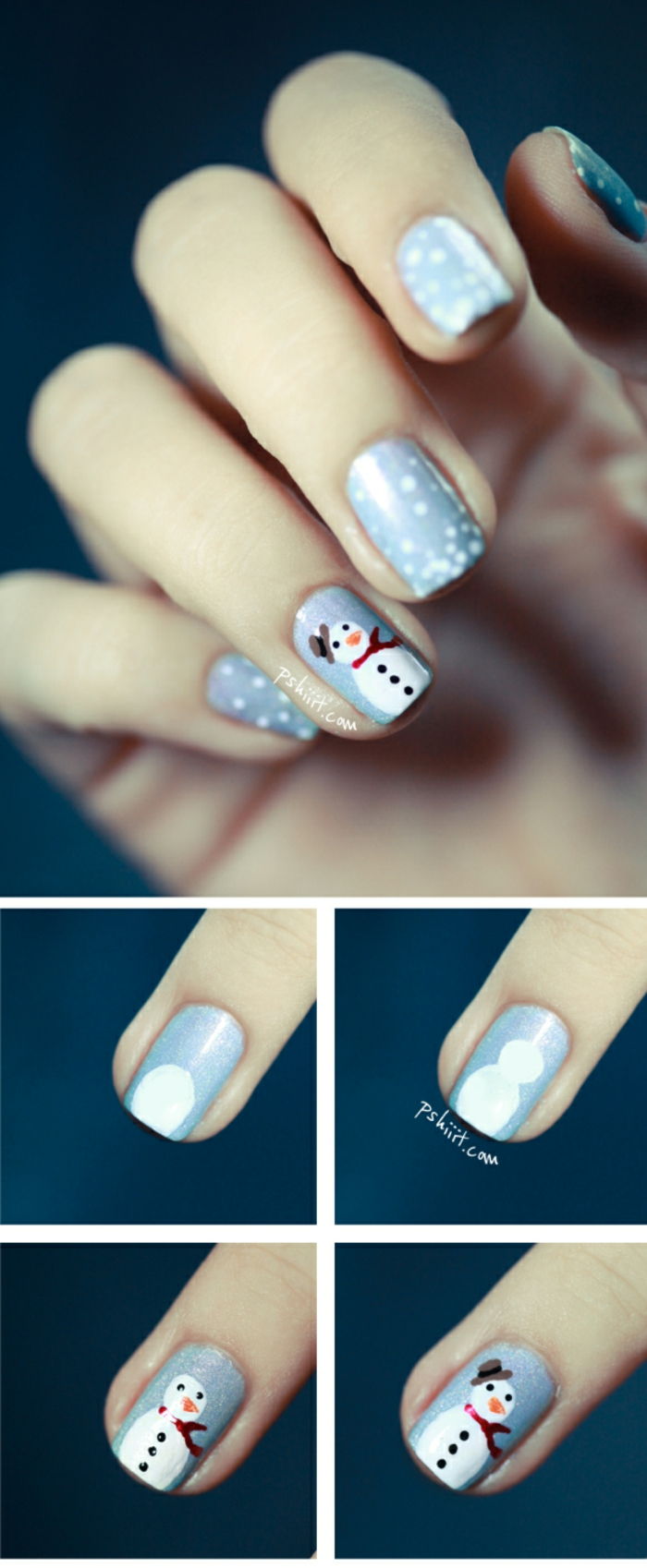 Vinterns naglar med snögubbe och små snöflingor i fyra steg, ljusblå mark, oval nagelform