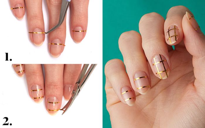 Nailart bilder, spets naglar, nagellack design med gyllene ränder