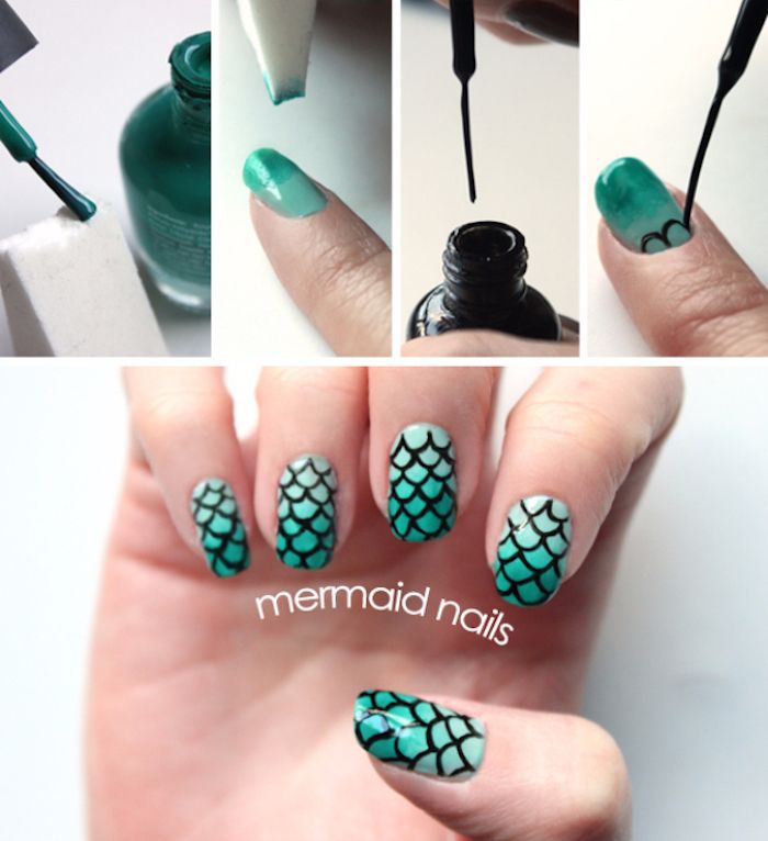 fingernails mønster, havfrue nagel design i ombre utseende