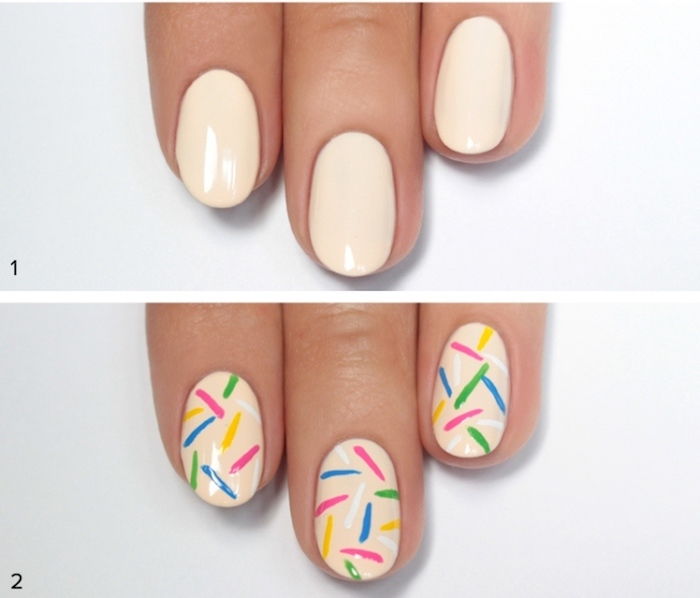 Fingernails mönster, beige nagellack, nagel design i beige med färgglada element