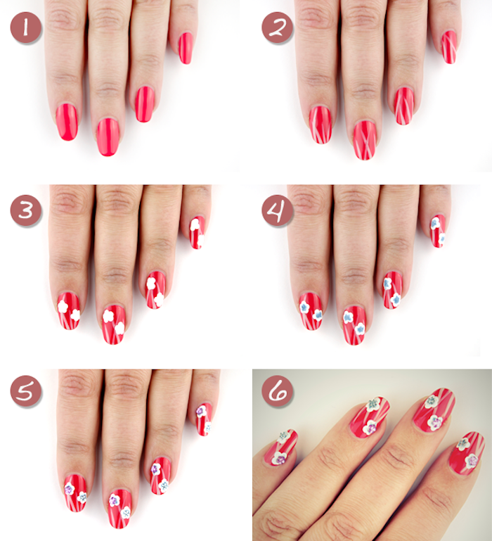 naglar mönster, långa naglar, nagel design i rött med vita blommor
