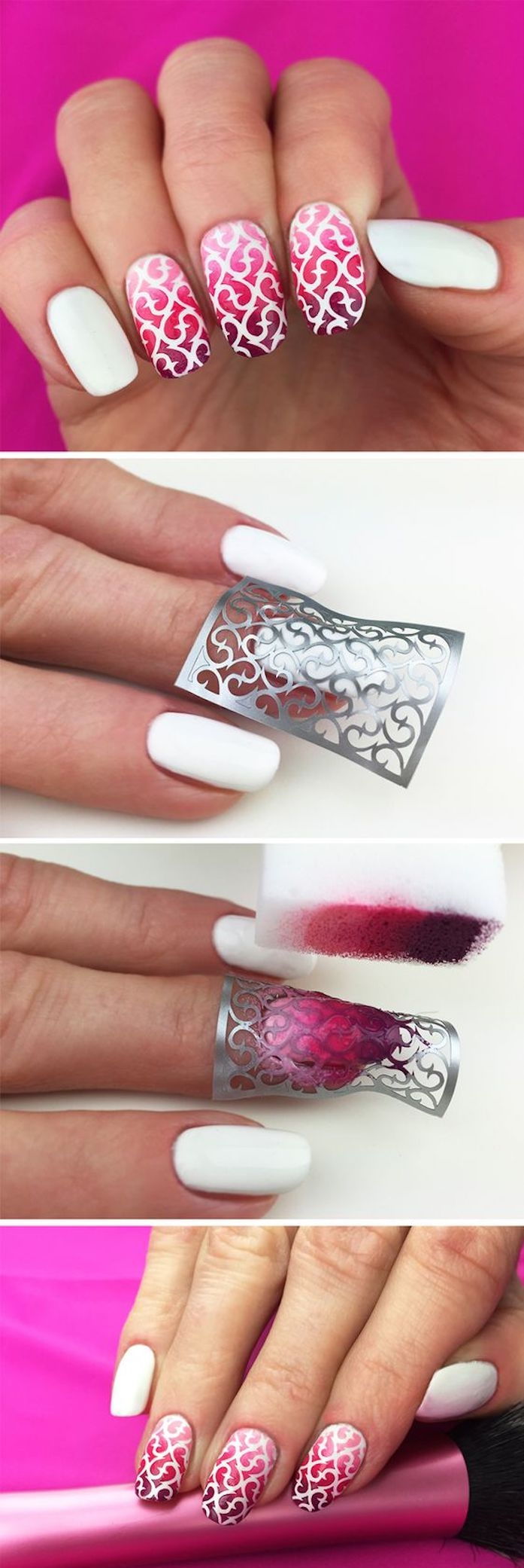 nagel design galleri, långa naglar i ombre look, nagel design i rosa, vit och lila