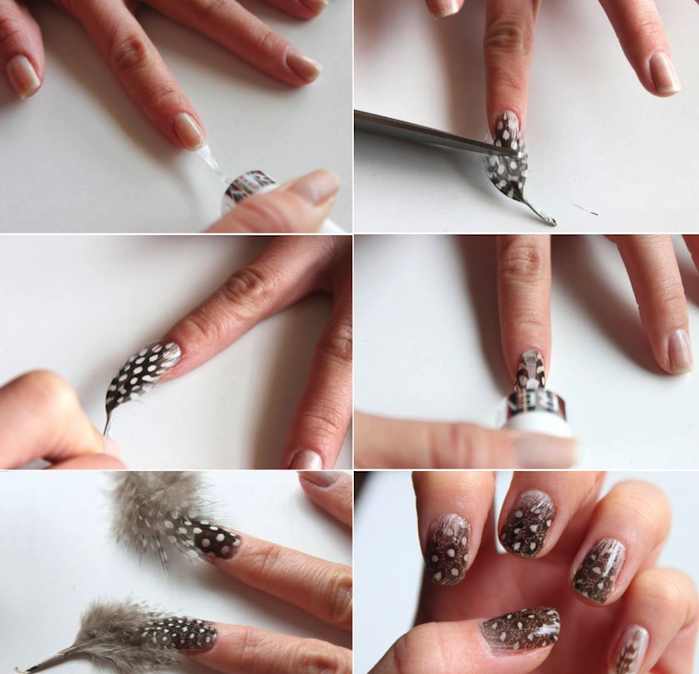 nagel design galleri, dekorera naglar med fjädrar, färg naglar