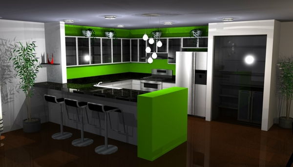 nieuwe keuken-ideeën-barkrukken en-groen-elementen