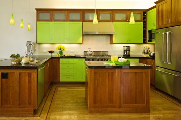 nieuwe keuken-ideeën-wood-kookeiland en Walls-in-groen