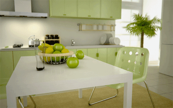 Nauja virtuvė-idėjos-balta-valgomasis stalas-ir-žalia-obuolių