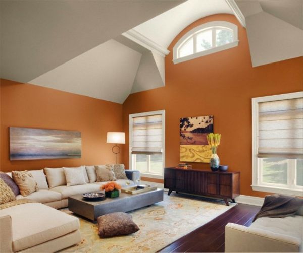 nuovi interni per il soggiorno con soffitto alto tavolozza di vernice calda parete