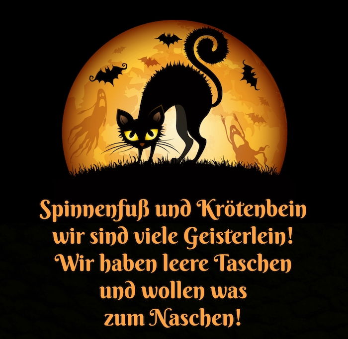 ハロウィンの言葉が面白い - ここでは、黒い猫と飛ぶ黒いバットと大きな月の写真を見つけるでしょう