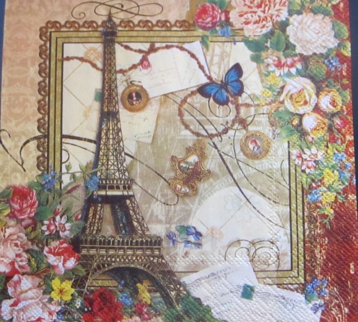 een servet servet, eiffeltoren, rode rozen. gele bloemen, Parijs, kleine blauwe vlinders