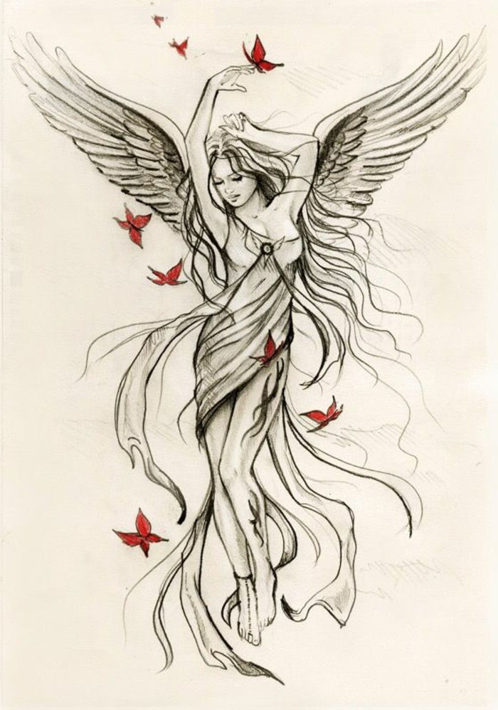tutaj znajdziesz pomysł na tatuaż anielskich skrzydeł dla kobiet - oto tańczący anioł o białych skrzydłach z długimi piórami i motylkami