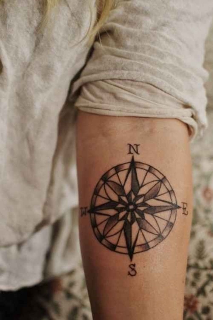 Ręka z czarnym tatuażem z czarnym kompasem