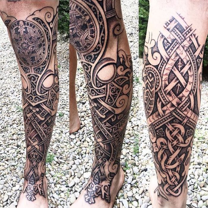 nordijska tetovaža, noga, beintattoo, tetovaža v črni in sivi barvi