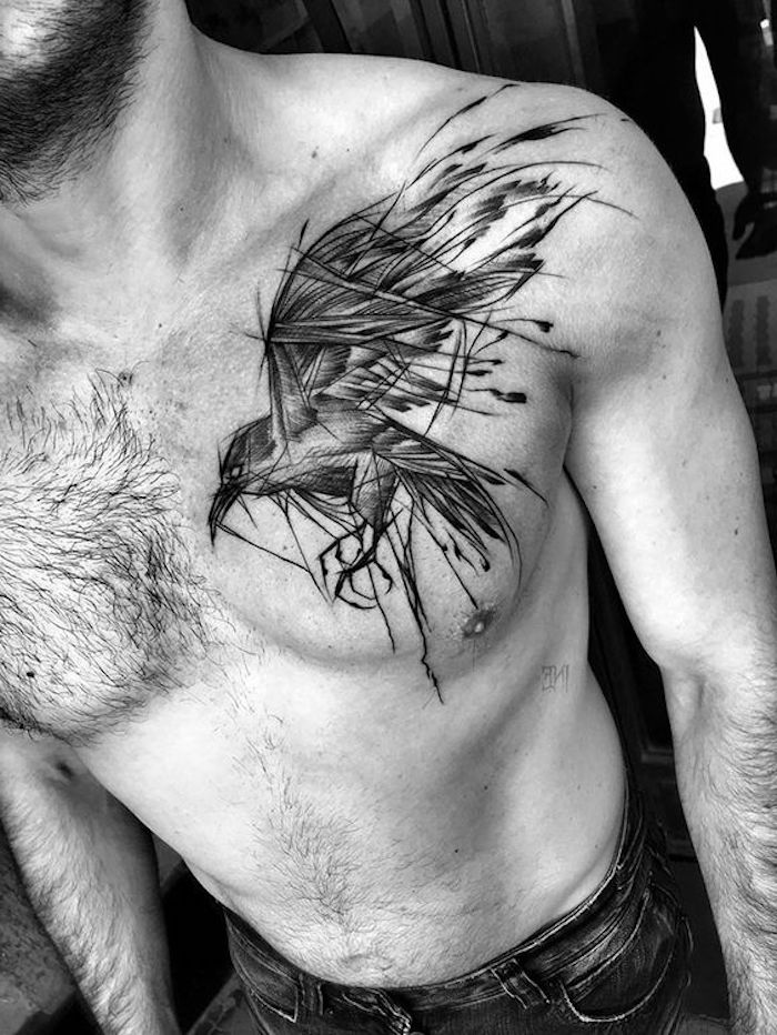 nordisk tatovering, mann, fugl, tatovering i svart og grått