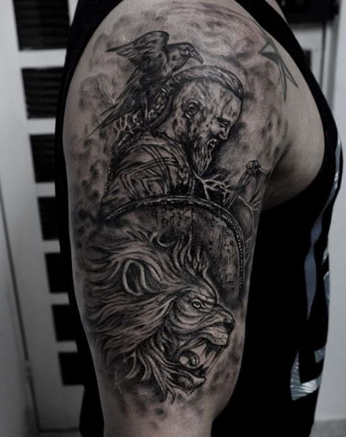 tattoo nordic, tattoo nadlaket, tetovaža nadlaket, človek, lev