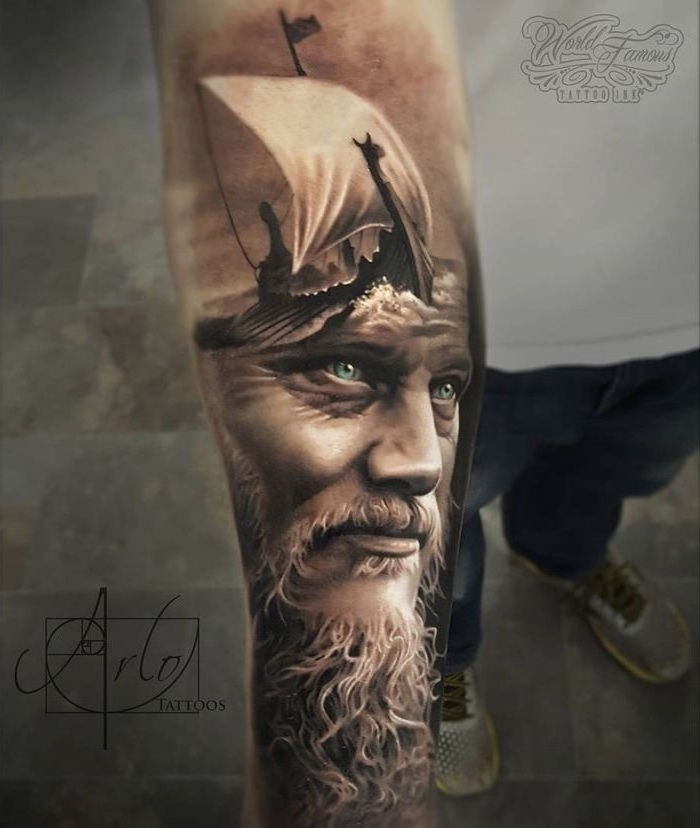 vikings tattoo, ragnar, ladja, modre oči, človek, viking