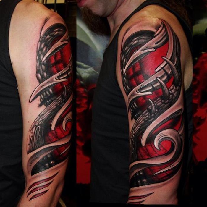 gekleurde bovenarm tattoo, 3d tattoo op arm