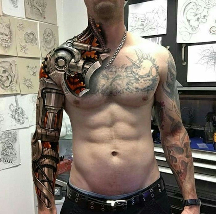 tattoo motieven heren, mouw tattoo met machine onderdelen, arm tattoo