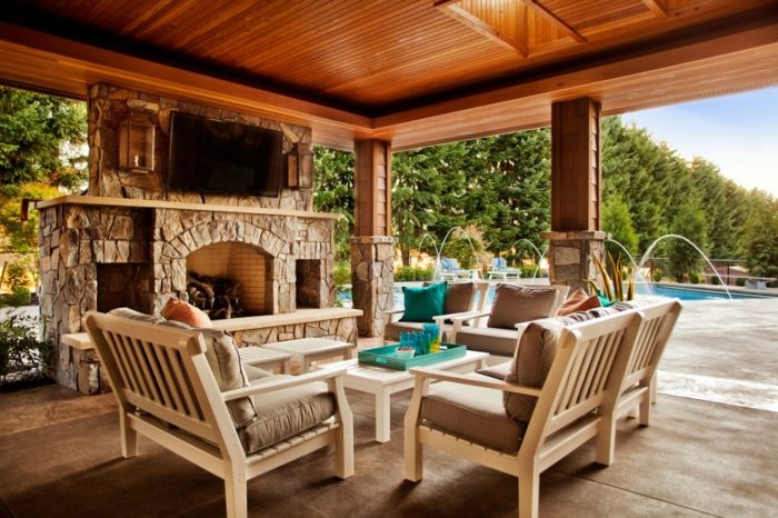 -Open-hearth-jardim interior e-pool-madeira exterior mobiliário de grande-telhado de madeira e pedra natural
