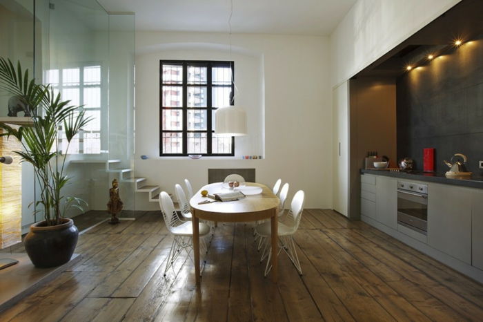 otvorenú kuchyňa, obývacia izba, samostatná sklo-izbový deliče-schodisko-drevená podlaha-nepriame ľad svetlo oválny jedálenský stôl