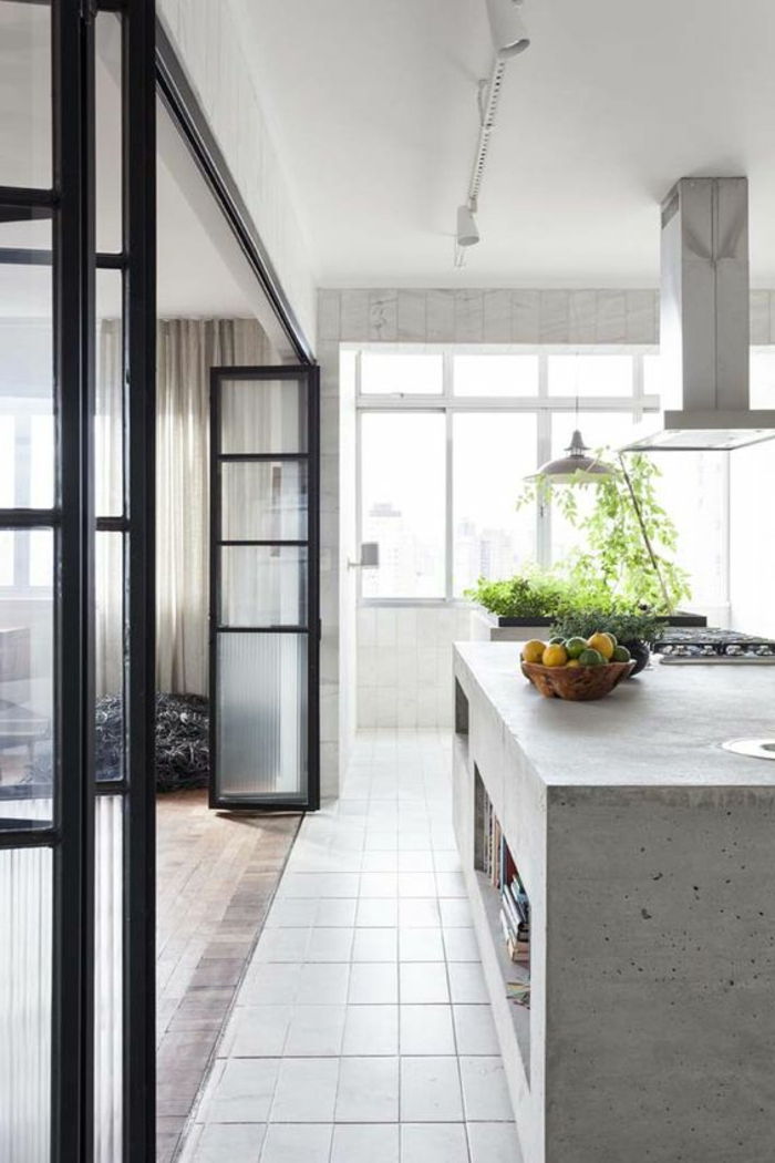 otvorenú kuchyňa oddelená-sklenené dvere, zasúvacia dvere-bielo-kuchyne-rastlina-kuchárok-parkety a biele dlaždice