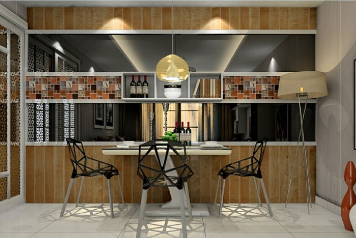 otvorenú kuchyňa, obývačka-oddelené-shelf-izba deliče, jedálenský stôl, moderné plastová stolička-bielo-Dlažba, stojaca lampa
