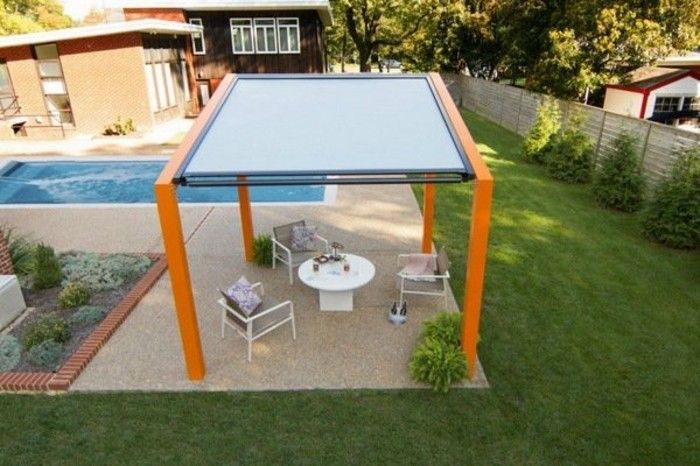 Turuncu-çerçeve çardak-ile-katlama çatı ve-bisto-bahçe mobilyası-Gartengestaltung
