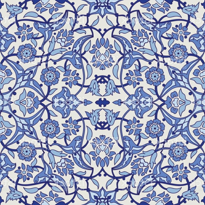 Mønster av orientalske stoffer og fliser, marokkanske fliser i to nyanser av blått og hvitt, fliser med blomstermotiver