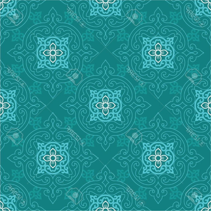 grønt mønster stoff med mandala ornamenter i lyseblå og hvit, stoff med trykk i tre farger
