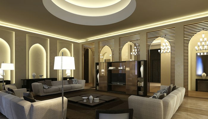 deco orientaliska stora rumslampor soffor bordhylla skåp stort vardagsrum idéer för belysning
