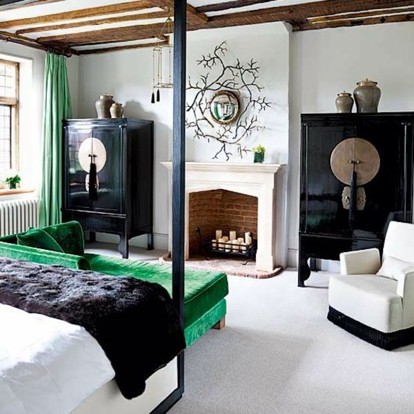 verde alb negru și maro culoare combina - dormitor cadru asiatic