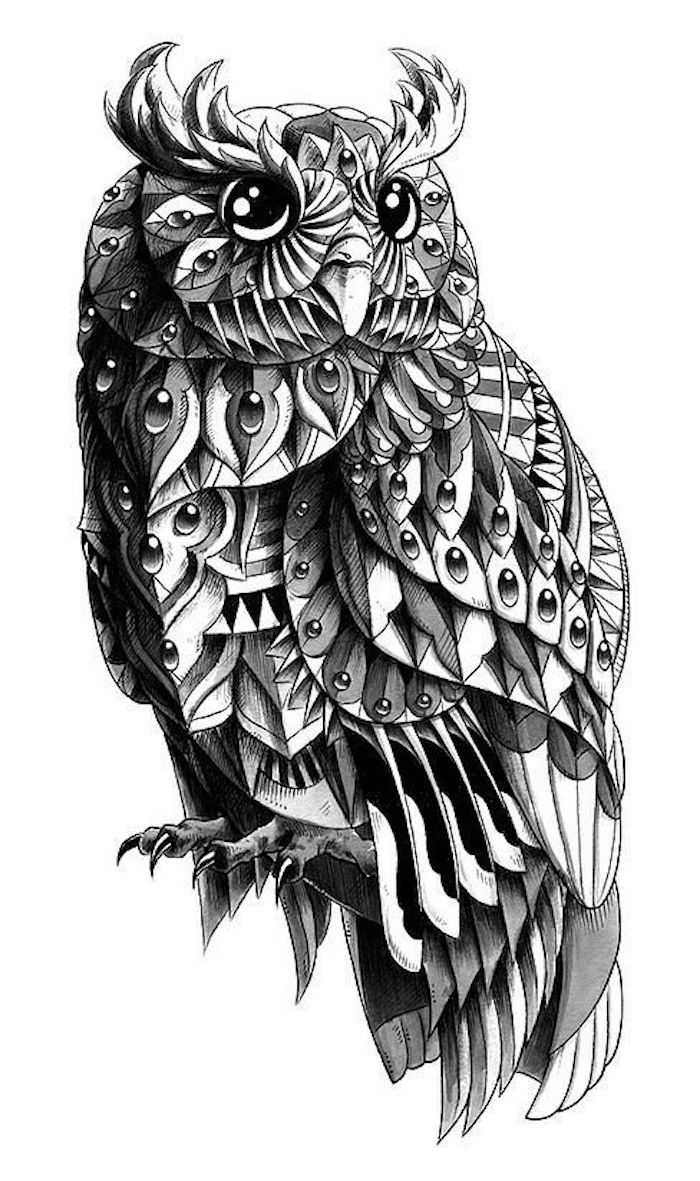 her finner du en ide for en svart owl tatovering med svarte fjær og store øyne
