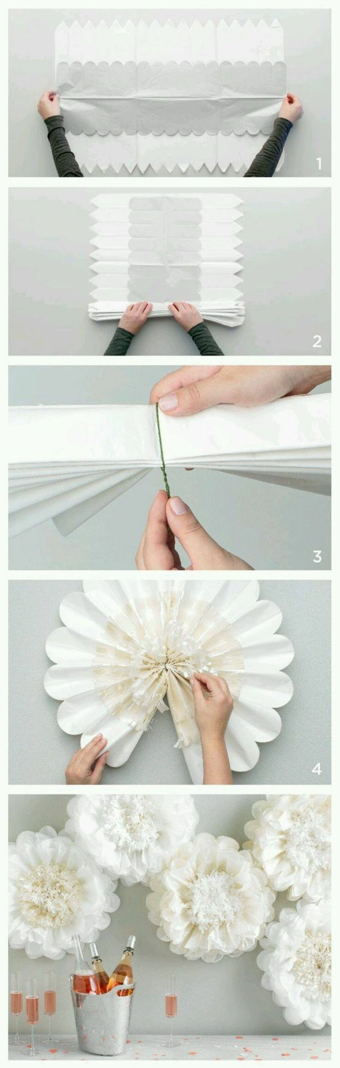 Dekoracja ścienna, duże kwiaty z białego papieru