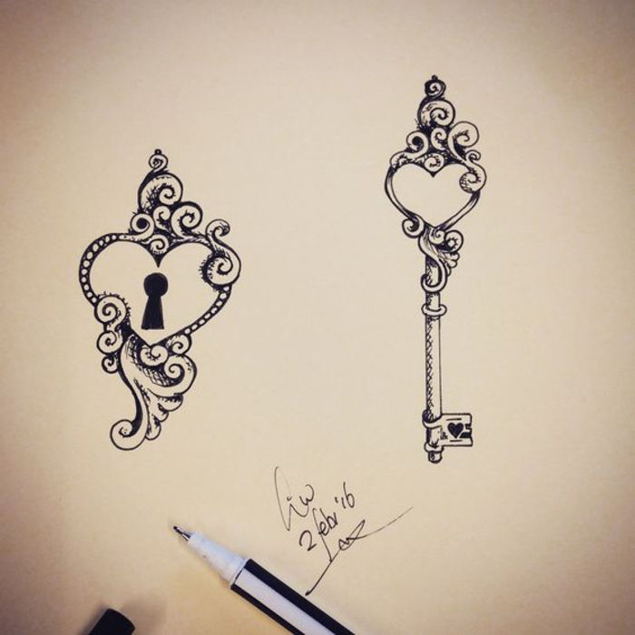 idee per tatuaggi per coppie, serrature e chiavi, motivi a cuore, tatuaggi che si completano a vicenda