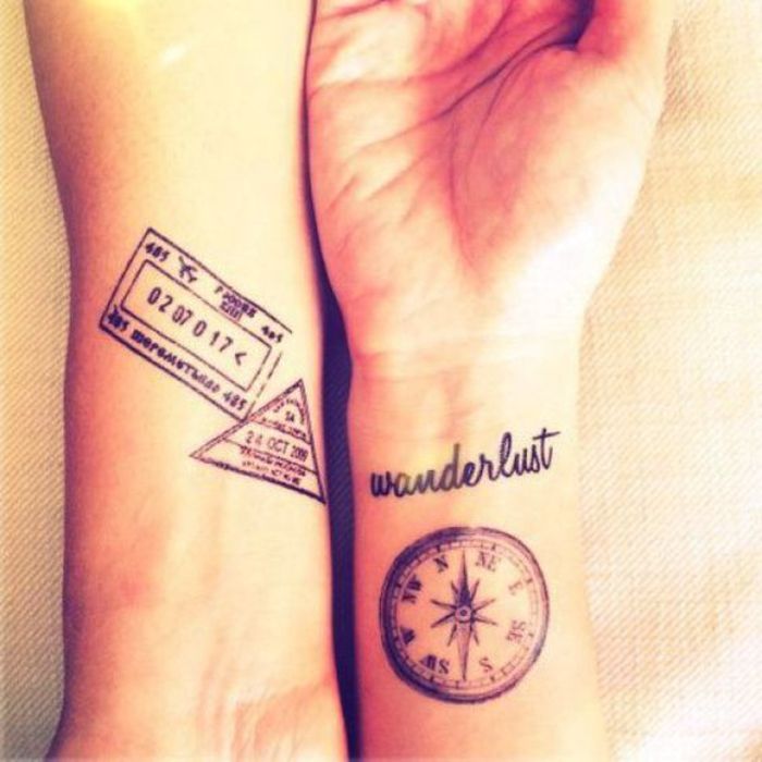 tatuaże dla partnerów, kompas i bilet lotniczy, pomysł dla miłośników podróży