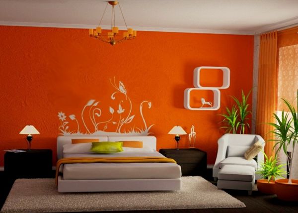 augalų-in-miegamojo-su-oranžinės sienos dizaino