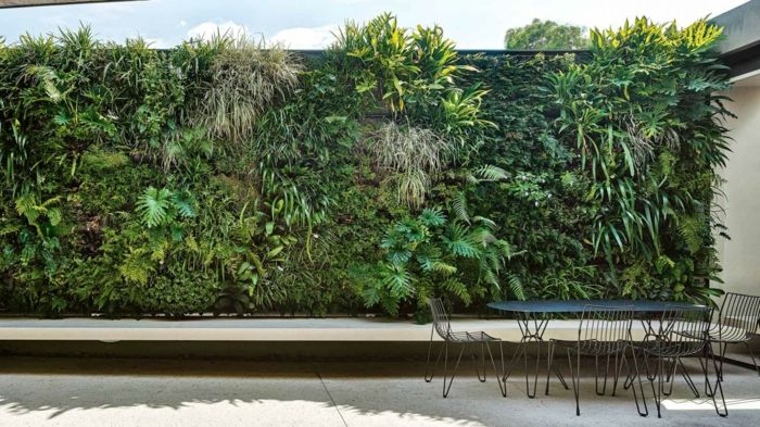 zelena stena na terasi daje senco in usklajuje s pohištvom