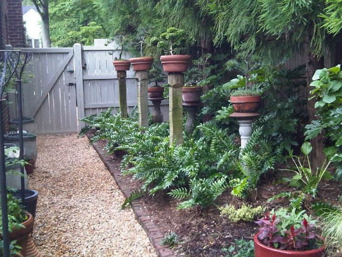 šest cvetličnih školjk postavljenih na stebre, polne bonsajskih dreves - naredite vrt enostaven za nego