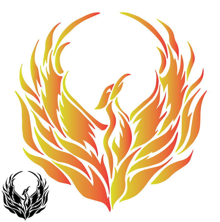 idea per un tatuaggio con una phoenit volante che sale dalle proprie ceneri con due ali di piume rosse, arancioni e gialle