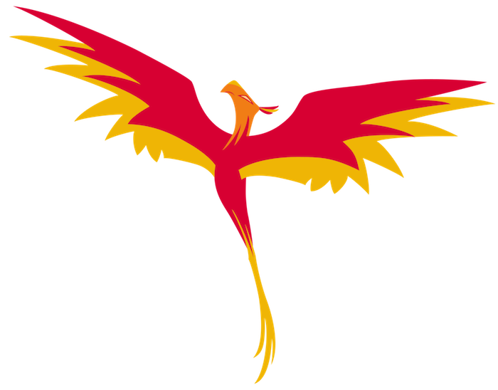 flygende brennende Phoenix med to røde lange vinger med røde og gule fjær - ideen om en phoenix-tatovering