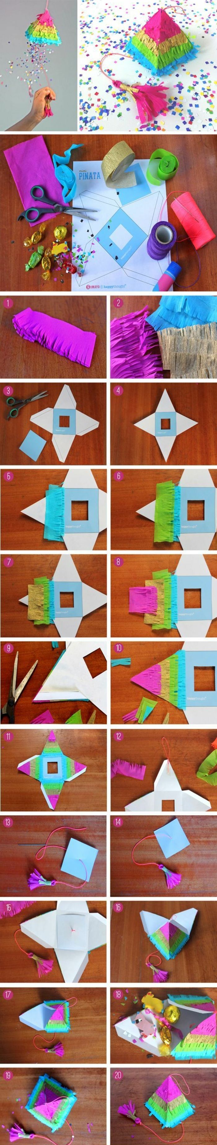 Lag en liten pyramide av papp selv, fargerikt papir, saks