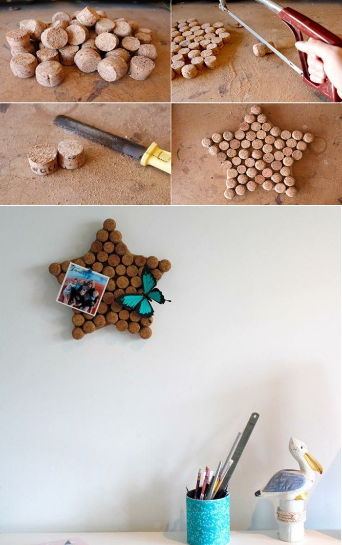 korkskruv väggdekoration, pennahållare från konserverad burk, korkskärning