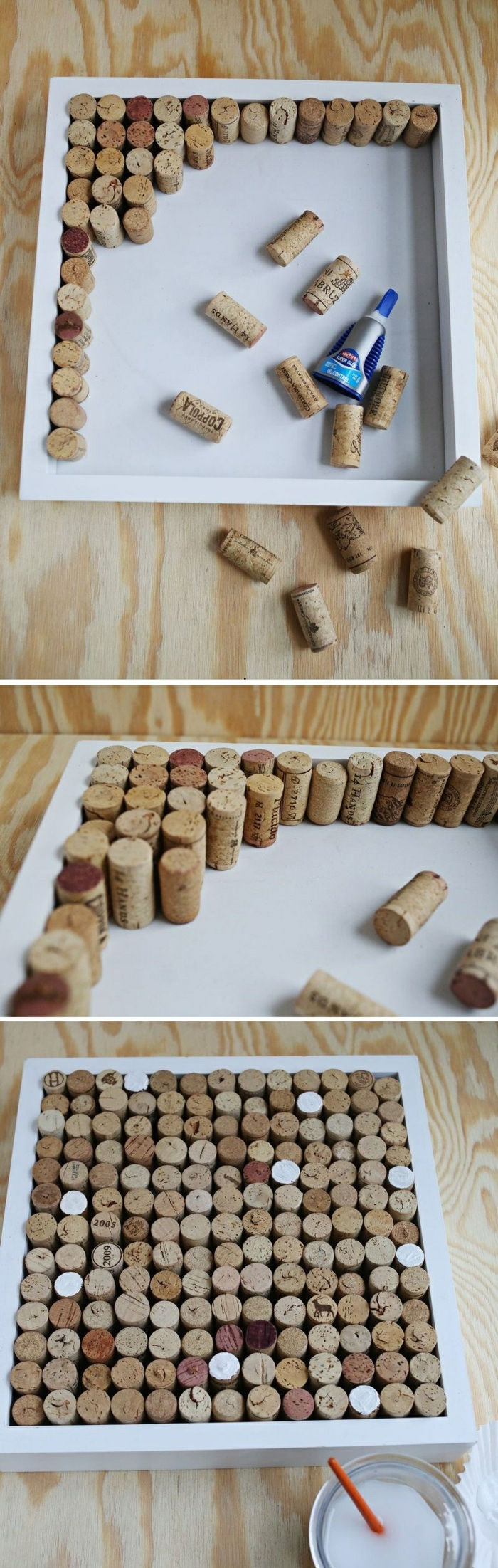 placa de pinos feita de rolhas de vinho, embalagem de lona, ​​adesivo, cor branca