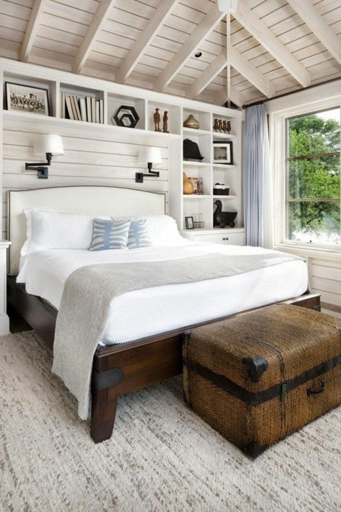 döşemeli yatak ile yataklı kutu-beyaz-keten-ahşap odalı tavan