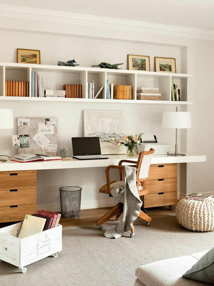 praktisk leilighet anlegget-koselig-levende idé-for-office-interiør lange skrivebord bokhyller